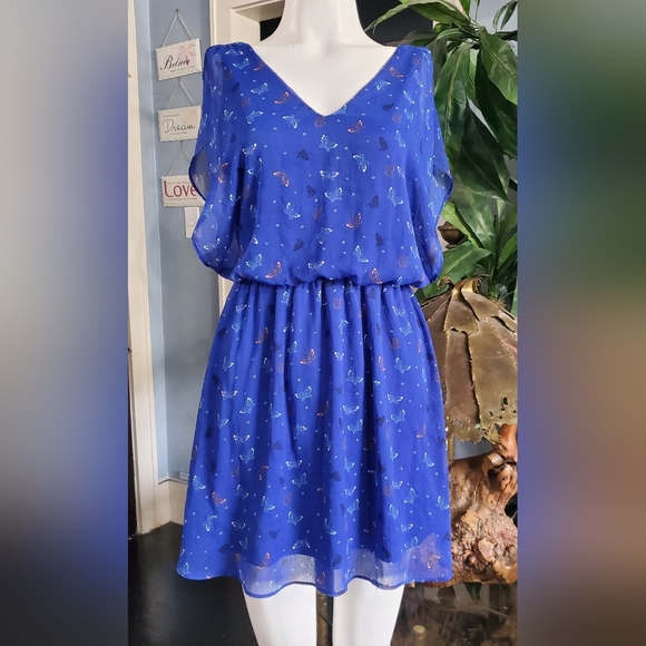 Candie's Blue Butterfly Lined Sundress Waist Defined Summer Mini Dress (S-M) - Picture 2 of 7